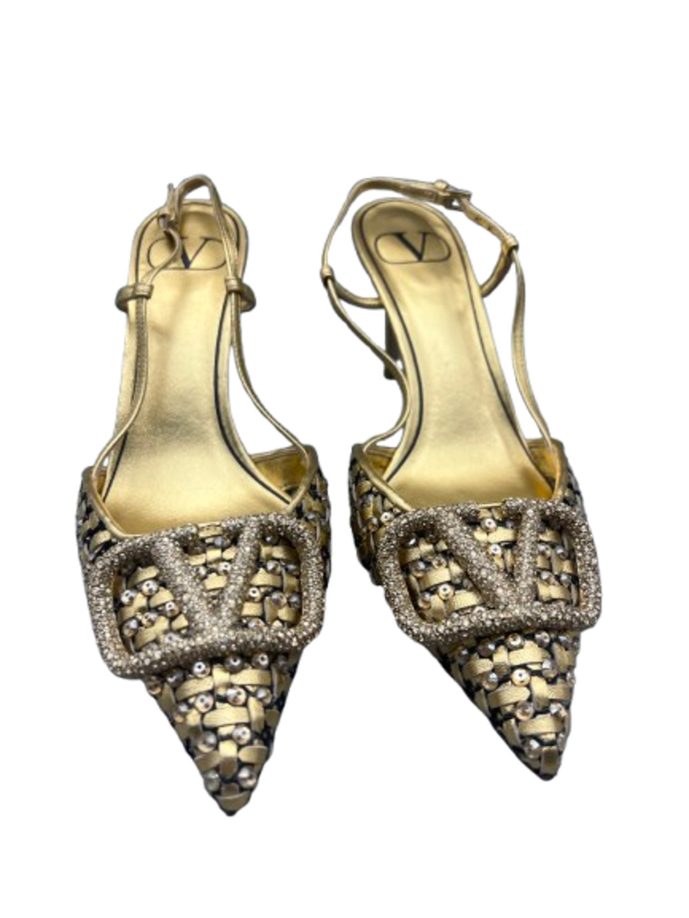 $2490 Valentino Garavani Rhinestone VLOGO Signature Golden Slingback Pump Sz 36